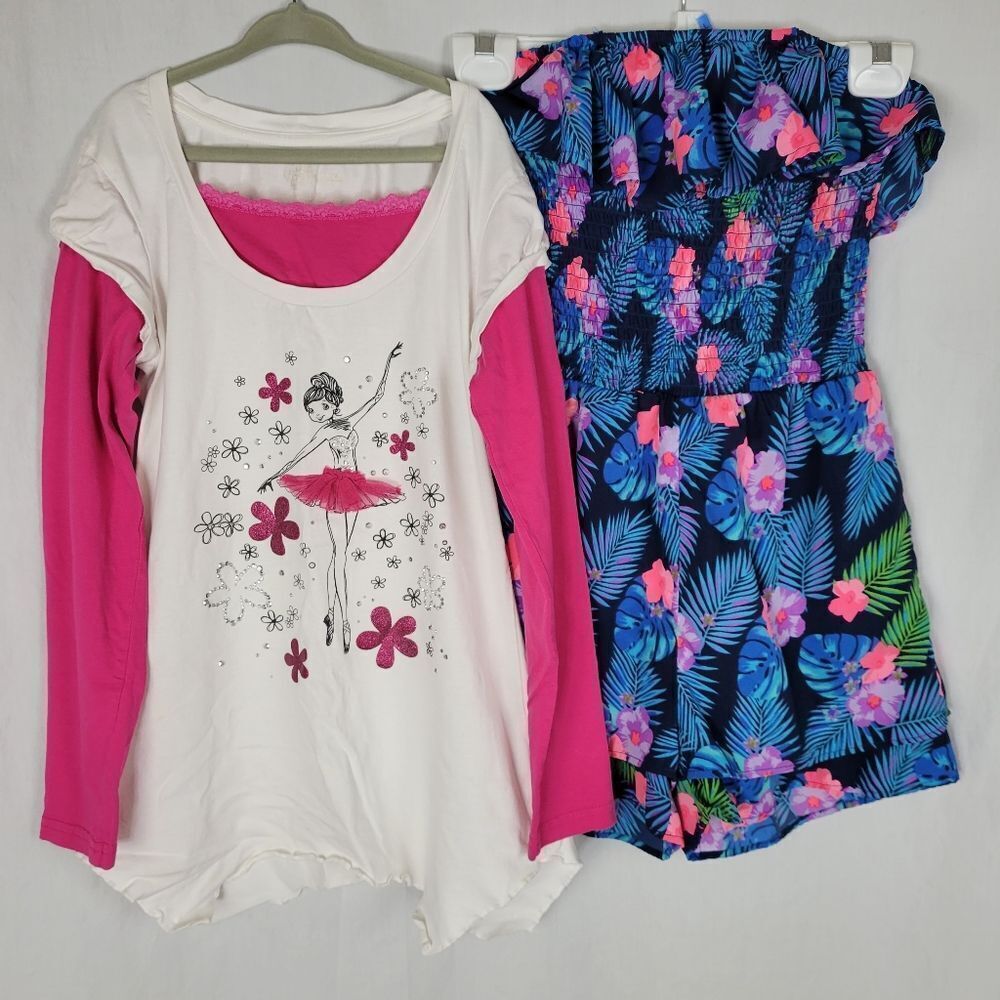 Embellished Ballerina‎ T-Shirt and Strapless Floral Print Romper Bundle